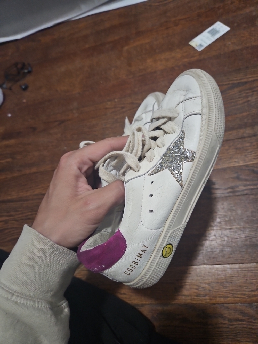 Leather Low-Top Sneakers with Glitter Star - White/Purple